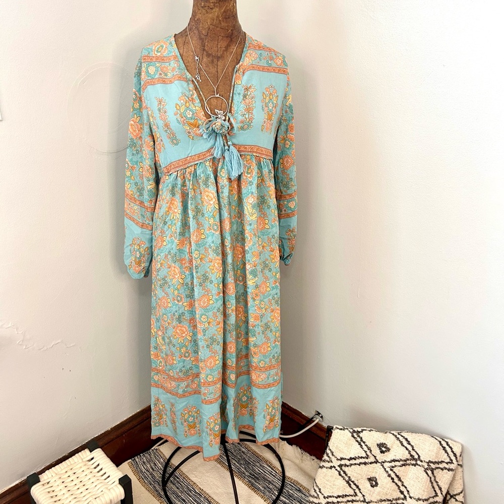 R.Vivimos Floral Boho Tassel Midi Dress Womens  M 8/10 Gypsy Hippie Kaftan Flowy